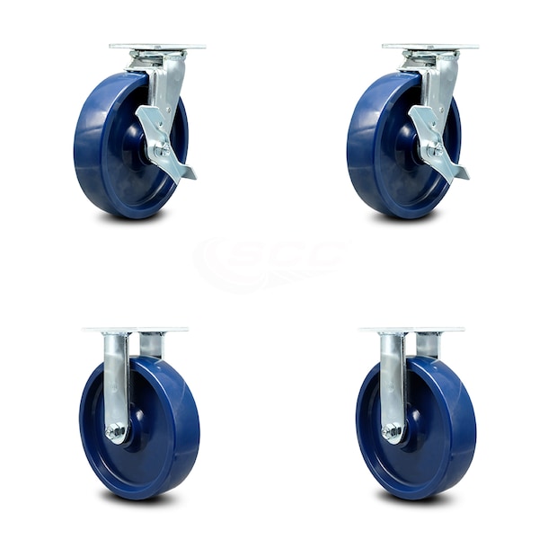 8 Inch Solid Polyurethane Caster Set with Roller Bearings 2 Brakes 2 Rigid SCC